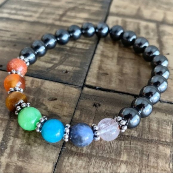 2pc 7 Chakra Hematite Stretch Bracelet - Picture 3 of 5
